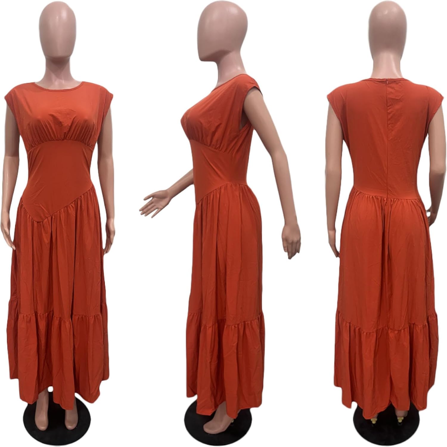 Women's Summer Sleeveless Loose Flowy Maxi Dress Crew Neck High Waist Casual Long Dress Zipper Swing Sundress