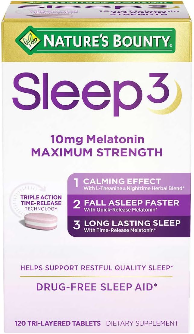 Nature S Bounty Sleep3 Melatonin 10mg, 120 Tablets | Calming Effect, Fall Asleep Faster, Long Lasting Sleep | 4 Months supply Nature S Bounty Sleep3 Melatonin 10mg, 120 Tablets | Calming Effect, Fall Asleep Faster, Long Lasting Sleep | 4 Months supply
