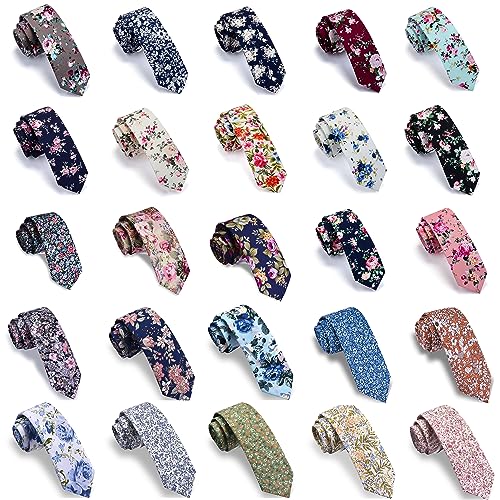 Image of GUSLESON Fashion 2.4 inch（6cm） Floral Skinny Tie for Men Slim Flower Print Cotton Necktie for Wedding Party