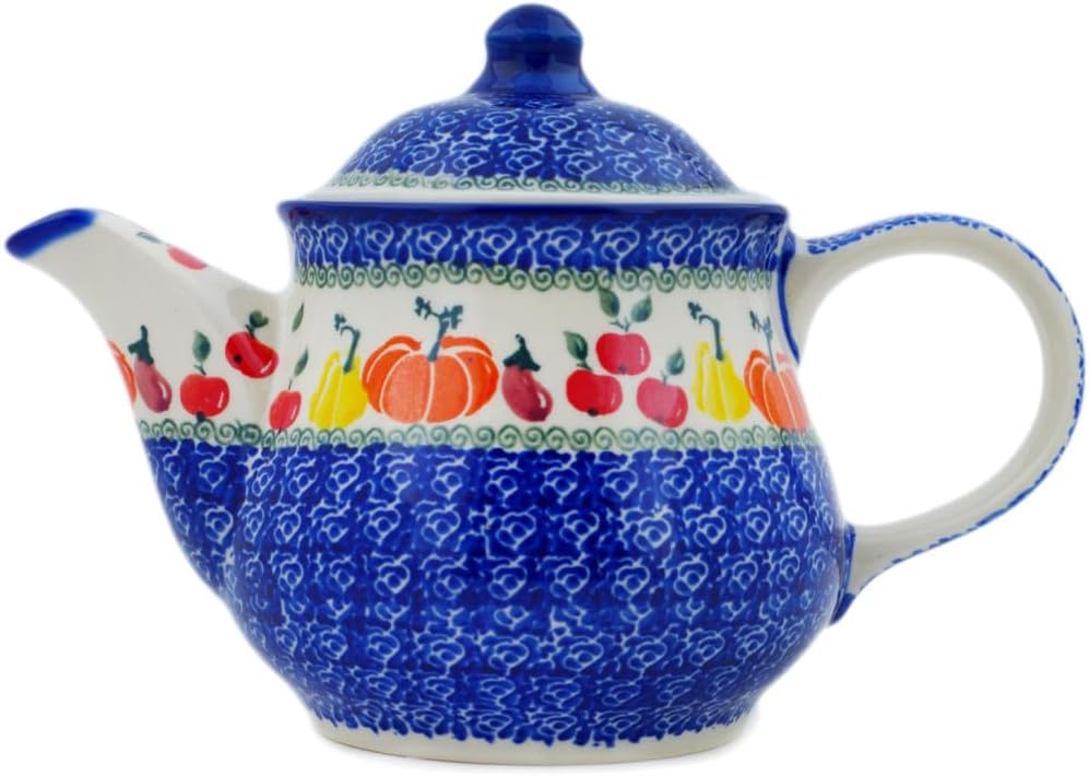Polmedia Polish Pottery Tea or Coffee Pot - Fresh Vegetable Garden Pattern Handmade in Boleslawiec Poland by Ceramika Bona + Certificate of Authenticity