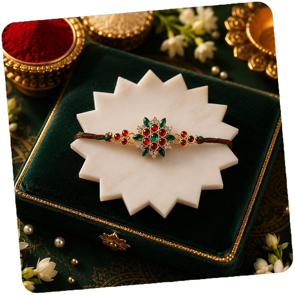 Kundan Rakhi for Brother Boy Men, Designer Premium Rakhi for Bhaiya Bhai Man, Rakhis for Rakshabandhan, Festival Thread with Best Wishes Card and Tillak Set, Raksha Sutra for Cousin Bhai-image-3