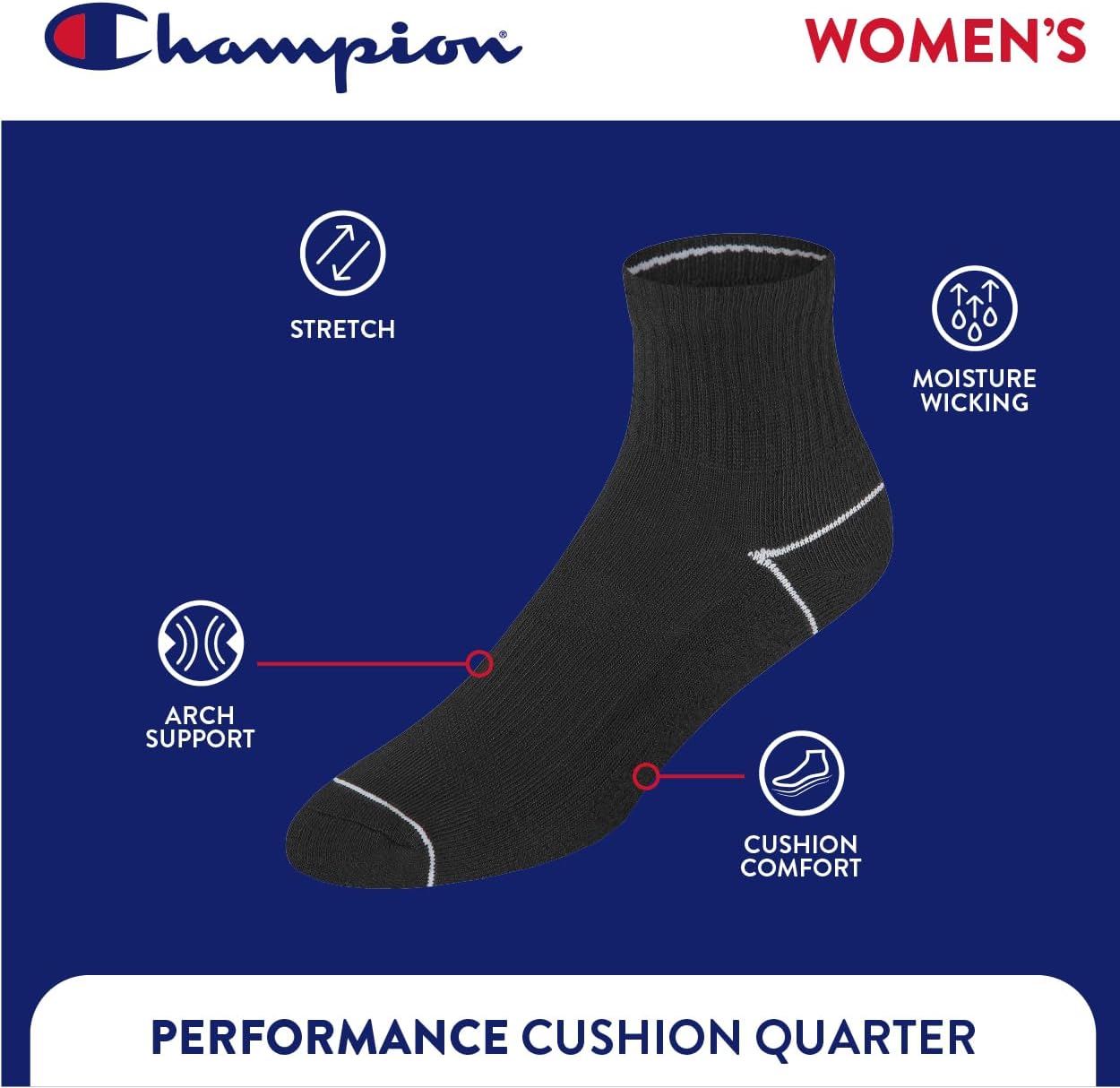 Champion Women's Quarter Socks – 6-pack Cushioned Athletic Socks With Moisture-wicking, Arch Support (Size 5-9)