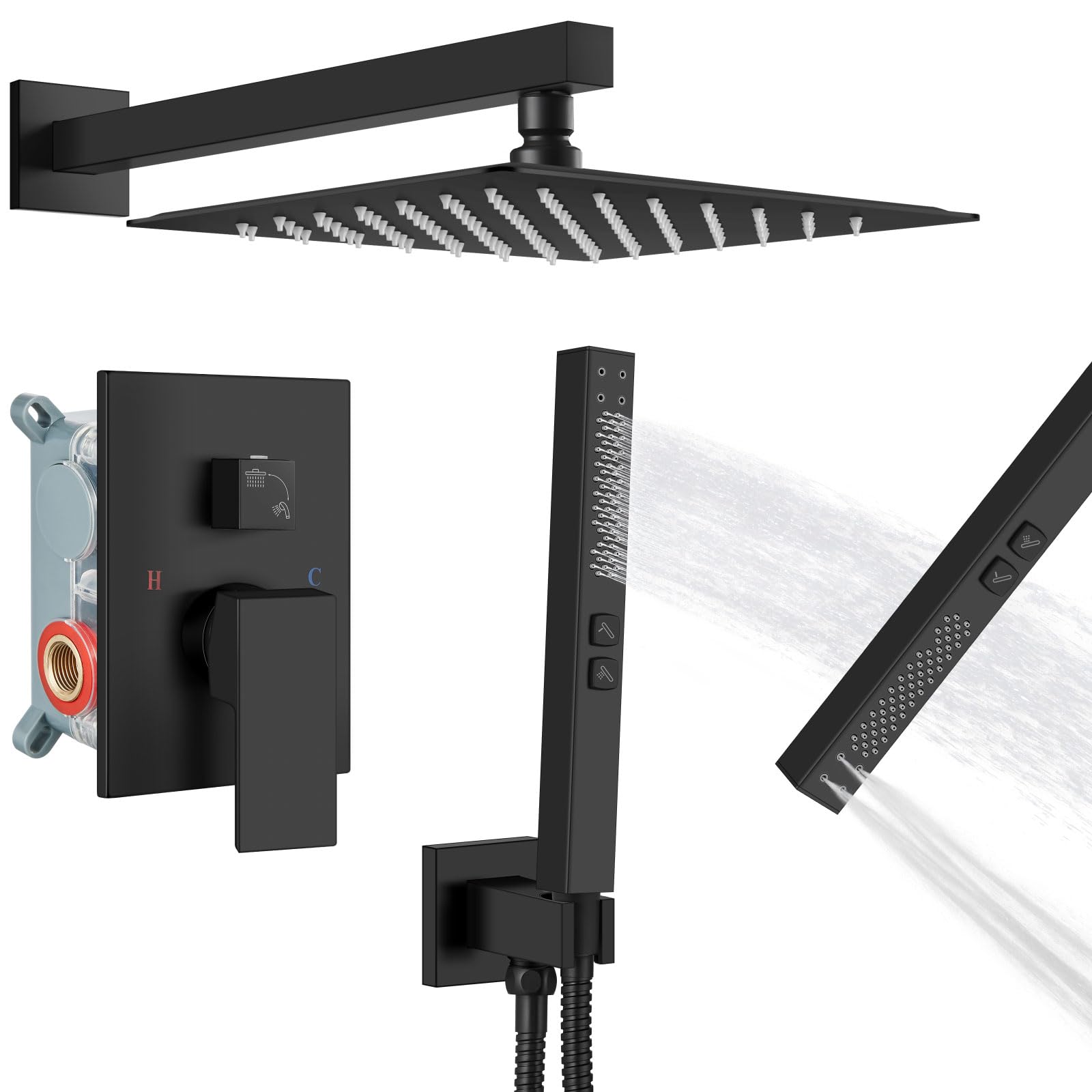GBBNE Shower Faucet Set Rainfall Shower System with Square Showerhead and Handle Set Fixture with 2 in 1 Function Handheld Sprayer Wall Mounted Trim