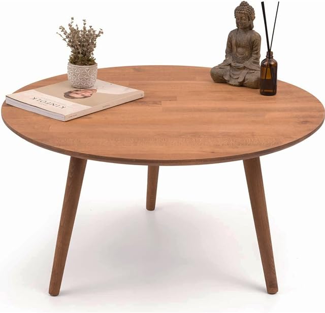 Gozos Oviedo Round Coffee Table Made of Solid Beech Wood - 100% Handmade Modern Round Coffee Table, Tea Table, Side Table for Living Room - Real Beech Wood Tabletop and Legs - 80 x 80 x 45 cm