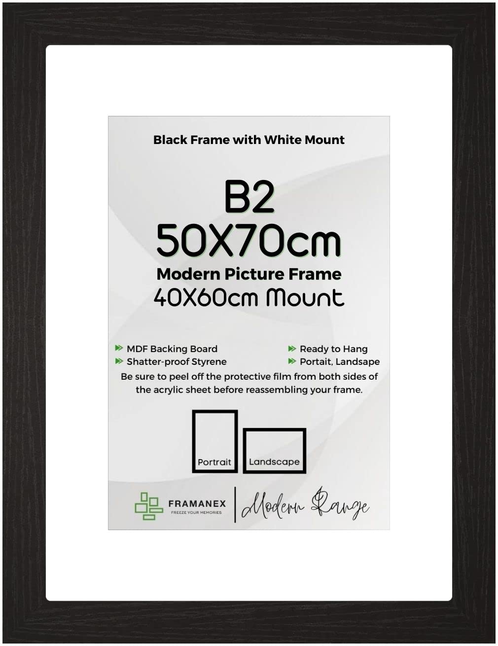 FRAMANEX BLACK Large B2 Picture Poster Frame Size 19.69 X 27.56 inch, 50 X 70cm, 500 X 700mm with White mount to fit image print size 16 X 24 inches, 40 X 60cm, 400 X 600mm [BLACK B2 Frame]