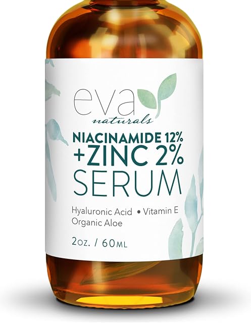 12% Niacinamide Serum for Face + Zinc (60ml) Vitamin B3, 2% Zinc and Hyaluronic Acid Serum Known to Even Skin Tone, Shrink Pores, Pump Fine Lines, Reduce Oil, and Hydrate by Eva Naturals