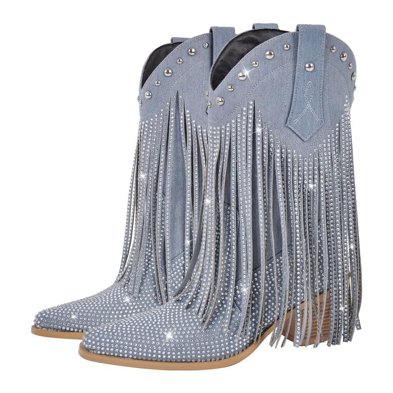 sexytag Women's Sparkly Fringe Cowgirl Cowboy Boots for Women Wide Calf Tassal Western Mid-calf Boots2