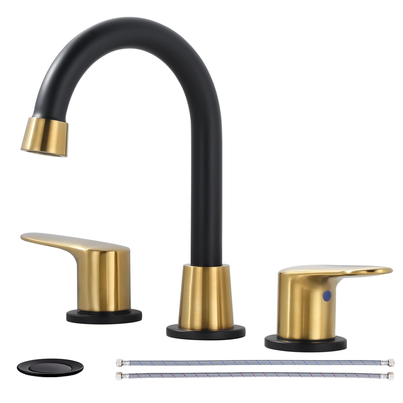 3-Loch-Waschtischarmatur in Schwarz und Gold mit Push-Pop-Ablaufgarnitur und 2 Zuleitungen, 8 Zoll (ca. 20 cm) breite Ausführung, geeignet für Badezimmer, Waschtische, Wohnmobile und Campingwaschbec