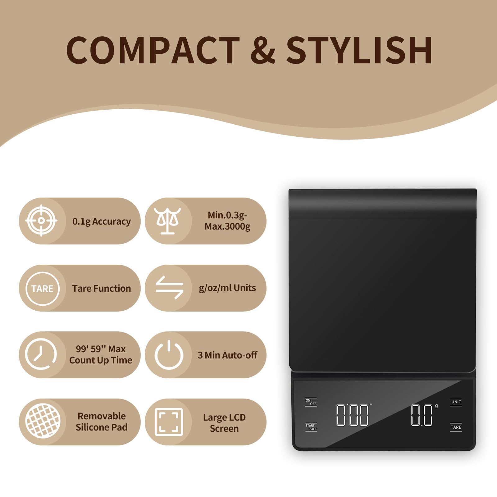 Báscula de café de alta precisión de 3 kg/0,1 g con temporizador, pantalla LCD retroiluminada, función de tara y conversión de unidades para espresso, vertido, preparación por goteo