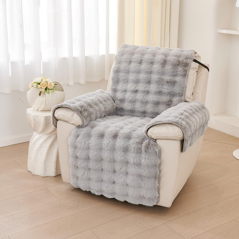 ROOMLIFE Faux Fur Fluffy Recliner Chair Slipcover Faux Rabbit Fur Sofa Cover, Soft Non-Slip Dog Chair Cover Furniture Protector Washable with Pocket, Elastic Straps for Kids (Light Gray 23.6"X 91")