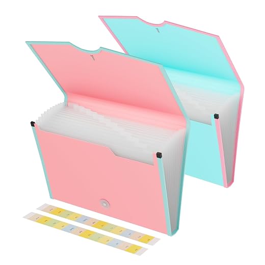 EOOUT 2pcs Accordion File Organizer, 13 Pockets Expanding File Folders, Color Contrast Document Organizer with Labels, A4 Letter Size for School, Home and Office, Blue and Pink