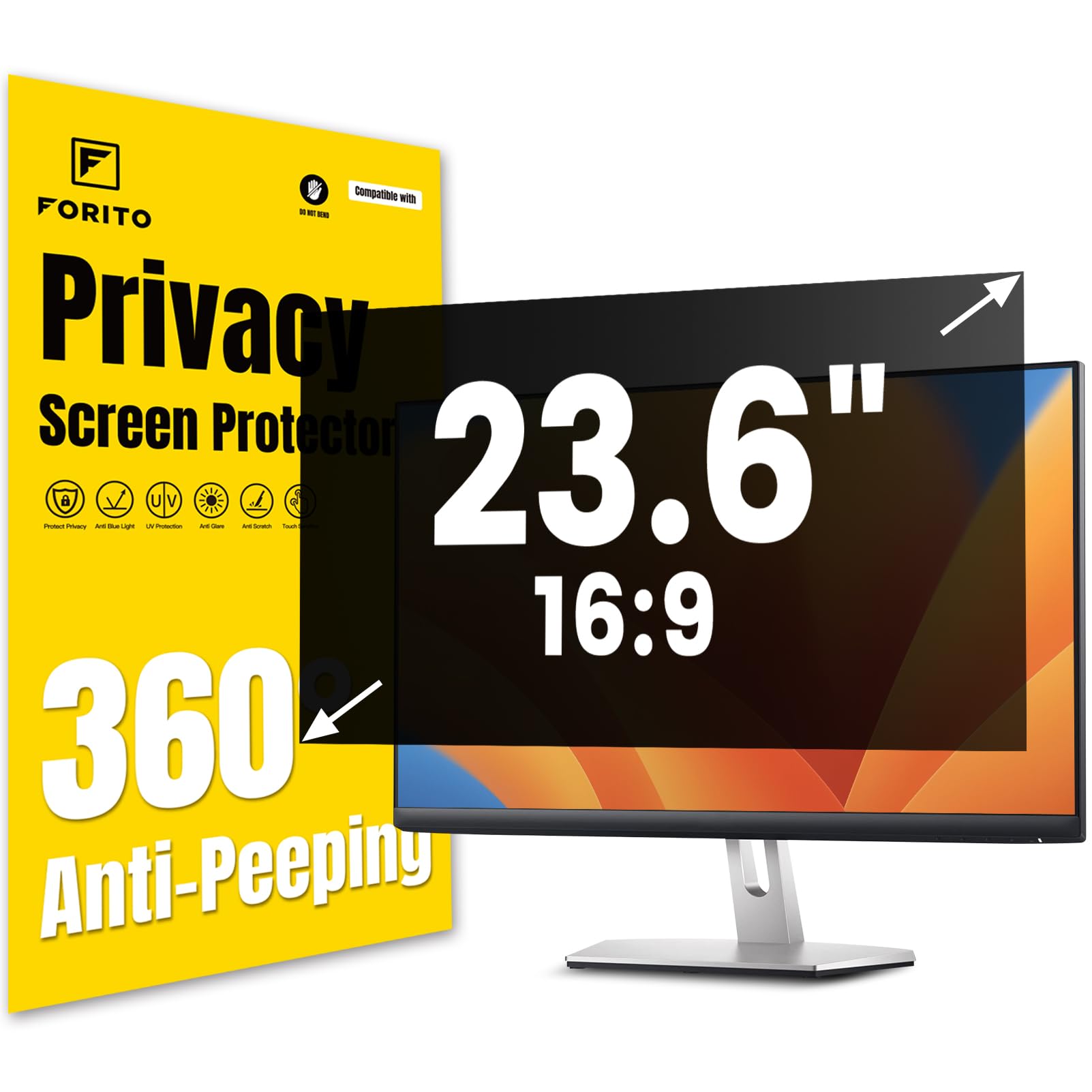 F FORITO 23.6 Inch 16:9 360°Privacy Screen Protector for Computer Monitor, Removable Eye Protection Anti Blue Light Anti Glare Computer Screen Privacy Shield for 23.6" Widescreen Monitors