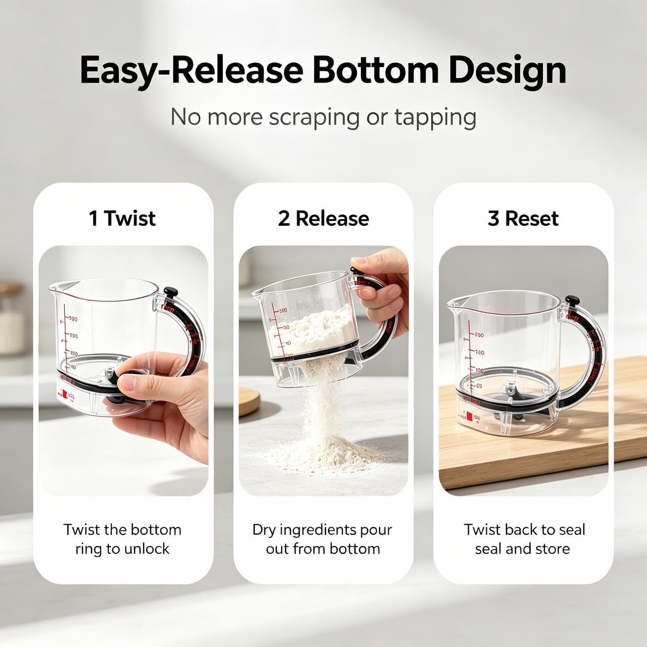 Adjustable 4-in-1 Measuring Cup with ml/oz Dual Scale and Push-Up Scraper Base, Stackable Kitchen Tool for Baking, Cooking and Meal Prep