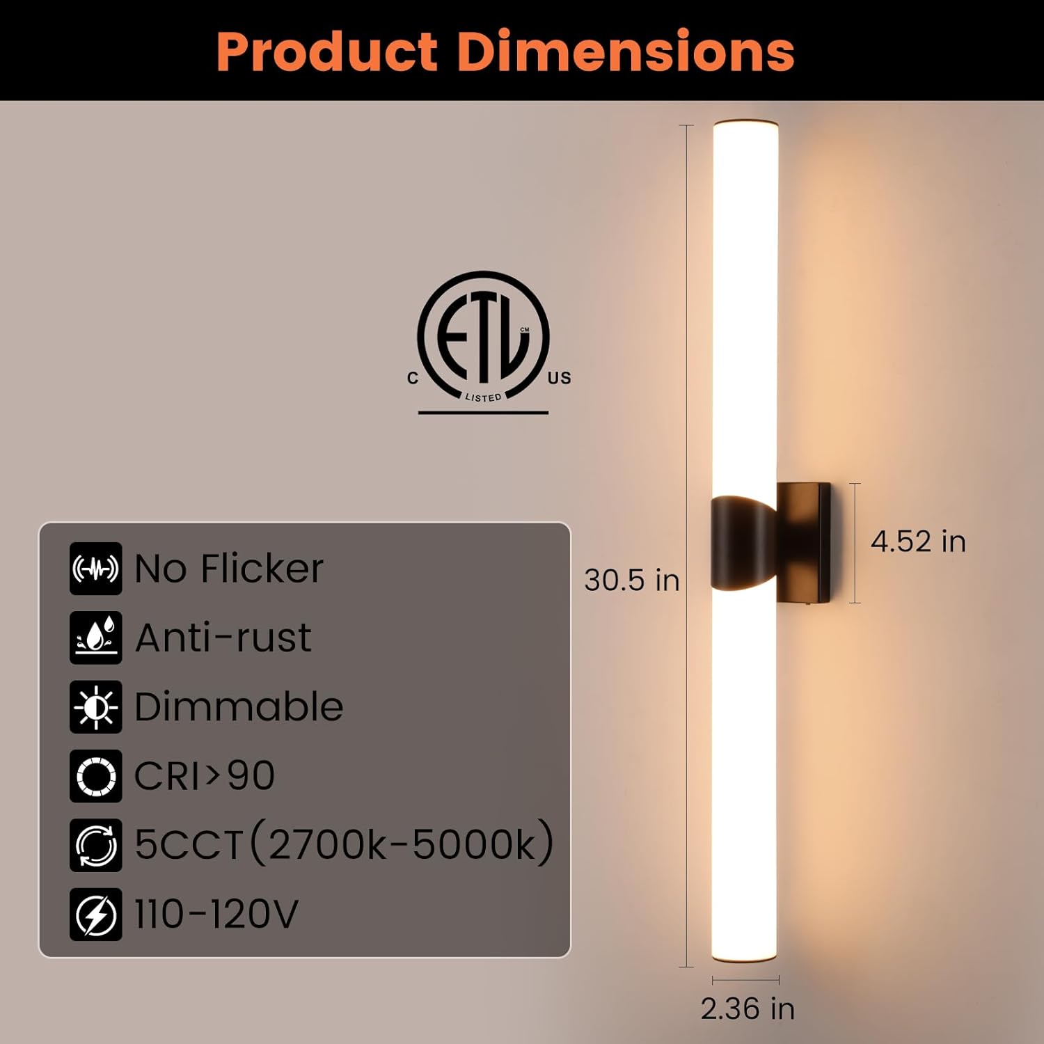 Modern Wall Sconce 30.4 Inch Black Bathroom Sconces Led Wall Lights with Acrylic Shade Hardwired Long Vanity Lighting Fixtures Over Mirror for Bedroom Living Room Hallway