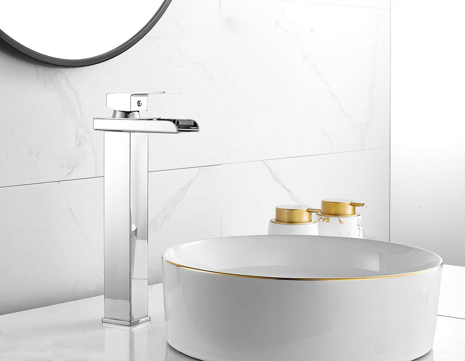 Grifo De Baño Tipo Cascada Cromo - Para Lavabo Sin Agujeros, Montaje En Encimera, 1 Manija, Latón, Marca Washly