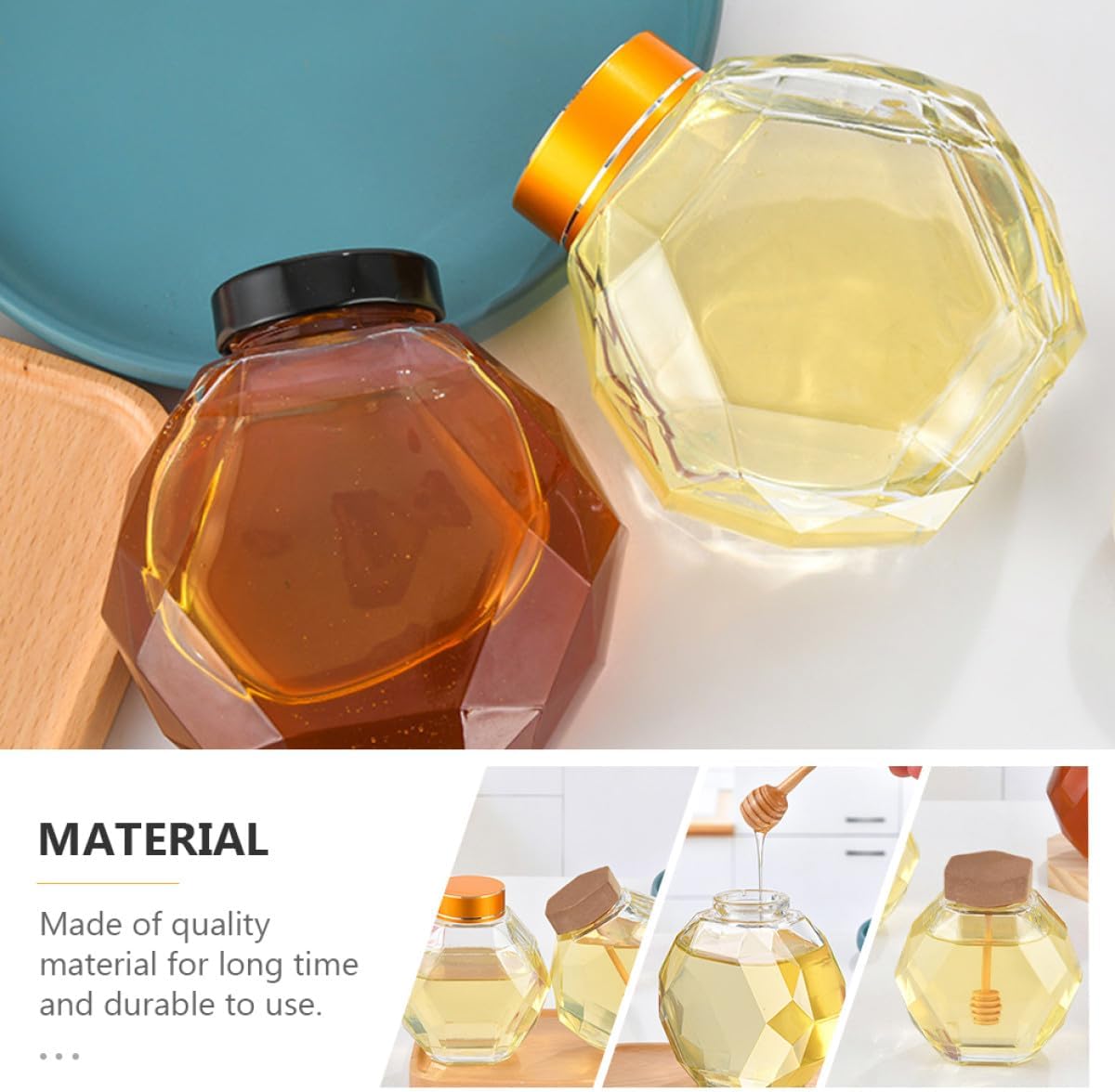 Amosfun 2 Pcs 380ml Glass Honey Jars with Airtight Polymer Lids and Hexagonal Stirring Rods, Sealed Food Storage Containers for Kitchen and Dining