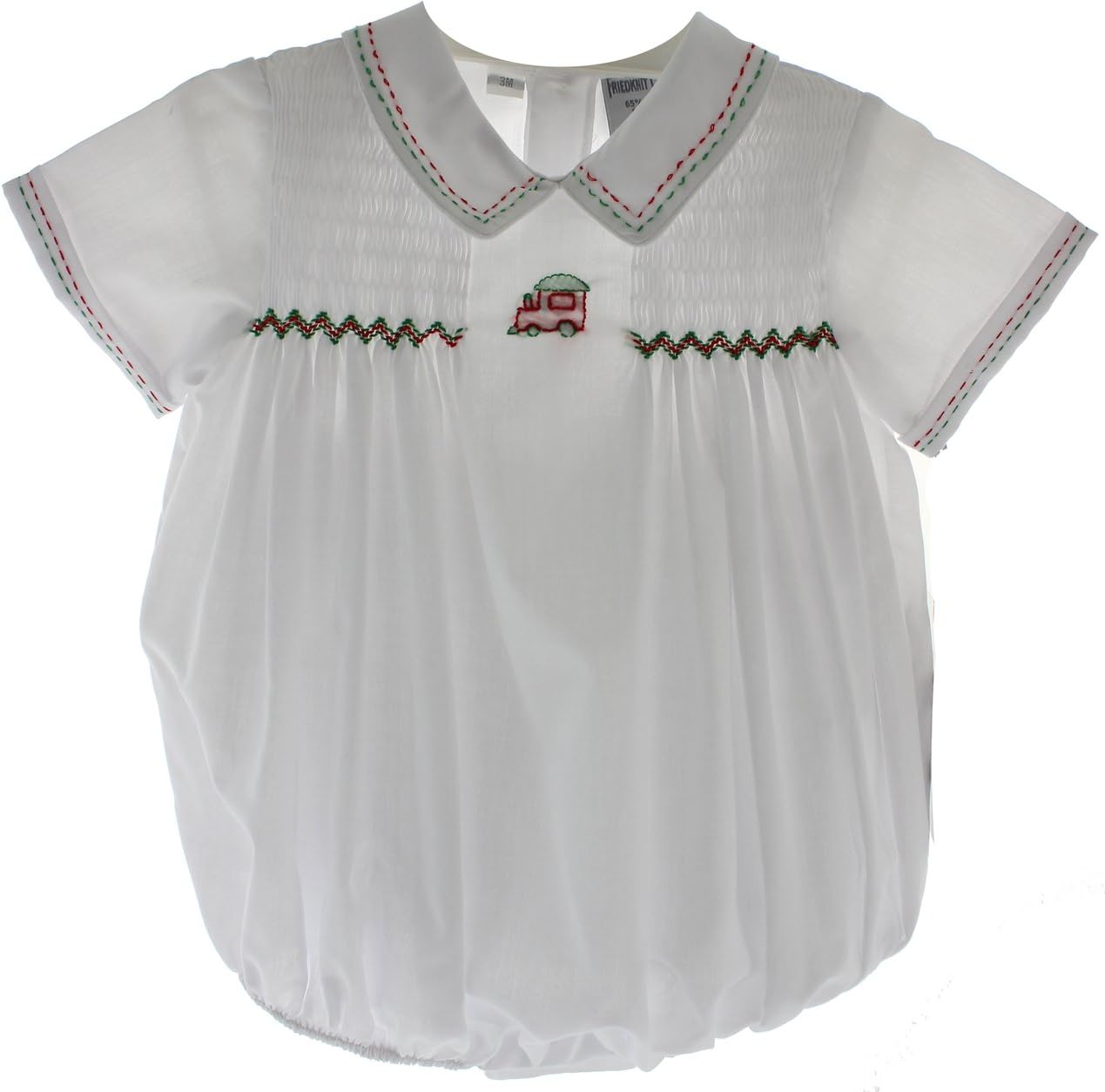 Infant Boys White Christmas Bubble Outfit Red & Green Train Friedknit Creations