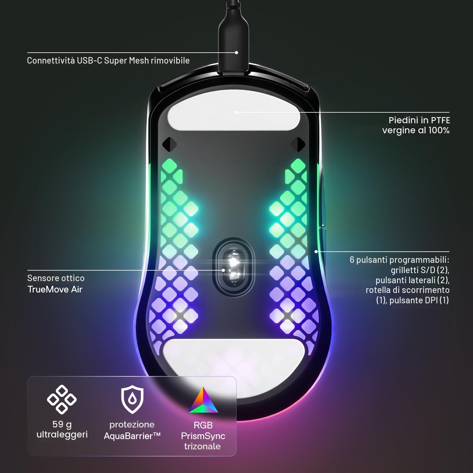 SteelSeries Aerox 3 - Mouse da gioco Holey RGB, design ultraleggero resistente all'acqua - Sensore ottico TrueMove Core da 8.500 DPI - Onyx