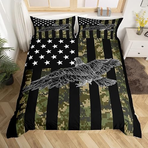 feelingyou Eagle American Flag Comforter Covet,Green Camouflage USA Flag Duvet Cover for Girls Teens Bedroom Gift,Abstract Wild Animal Print Comforter Cover Decorative with 2 Pillowcases, Double Size
