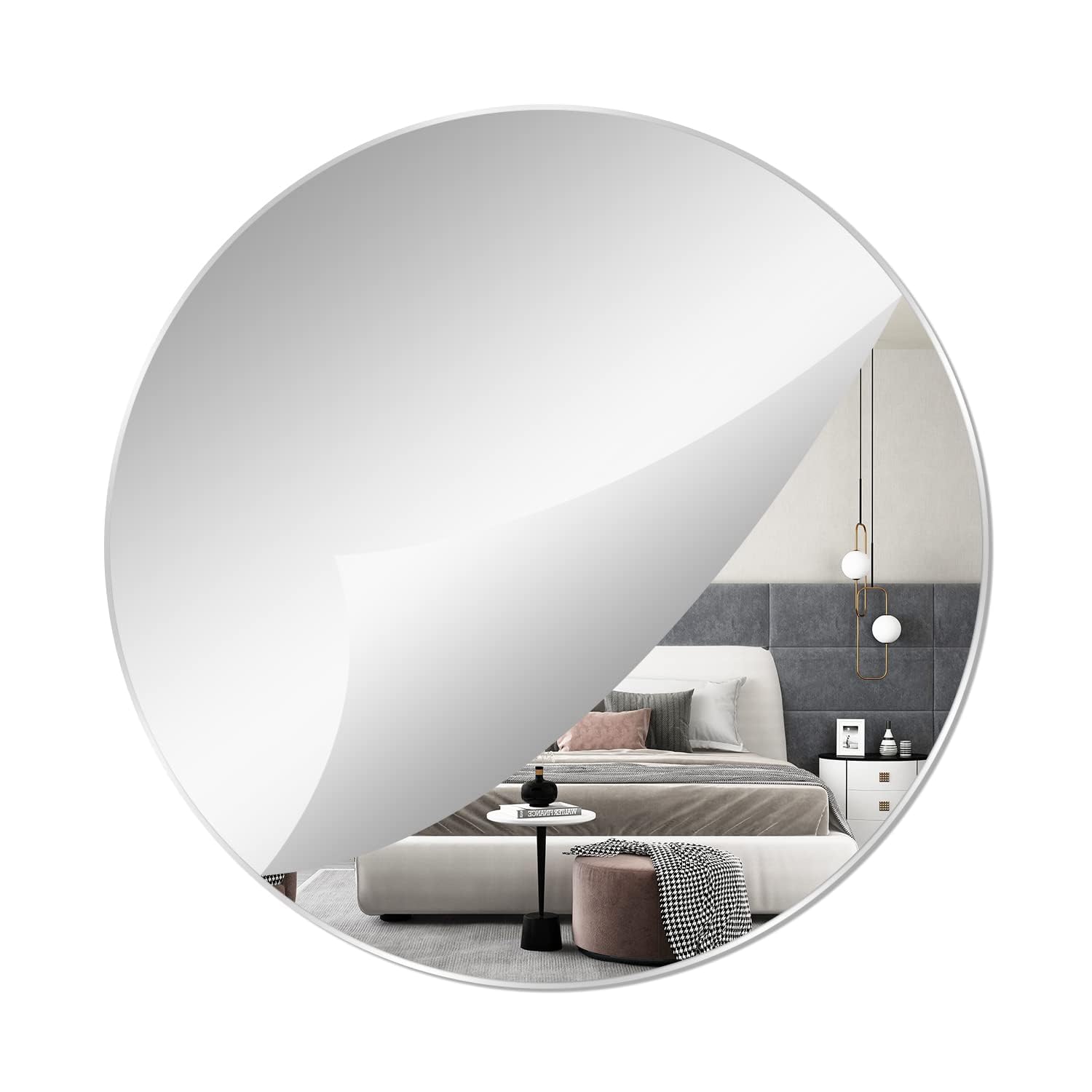 40cm Round Wall Mirror Self Adhesive Circle Glass Mirror HD Large 16'' Makeup Mirrors Frameless Decorative Mirrors for Walls, Bathroom, Bedroom, Living Room, Door etc