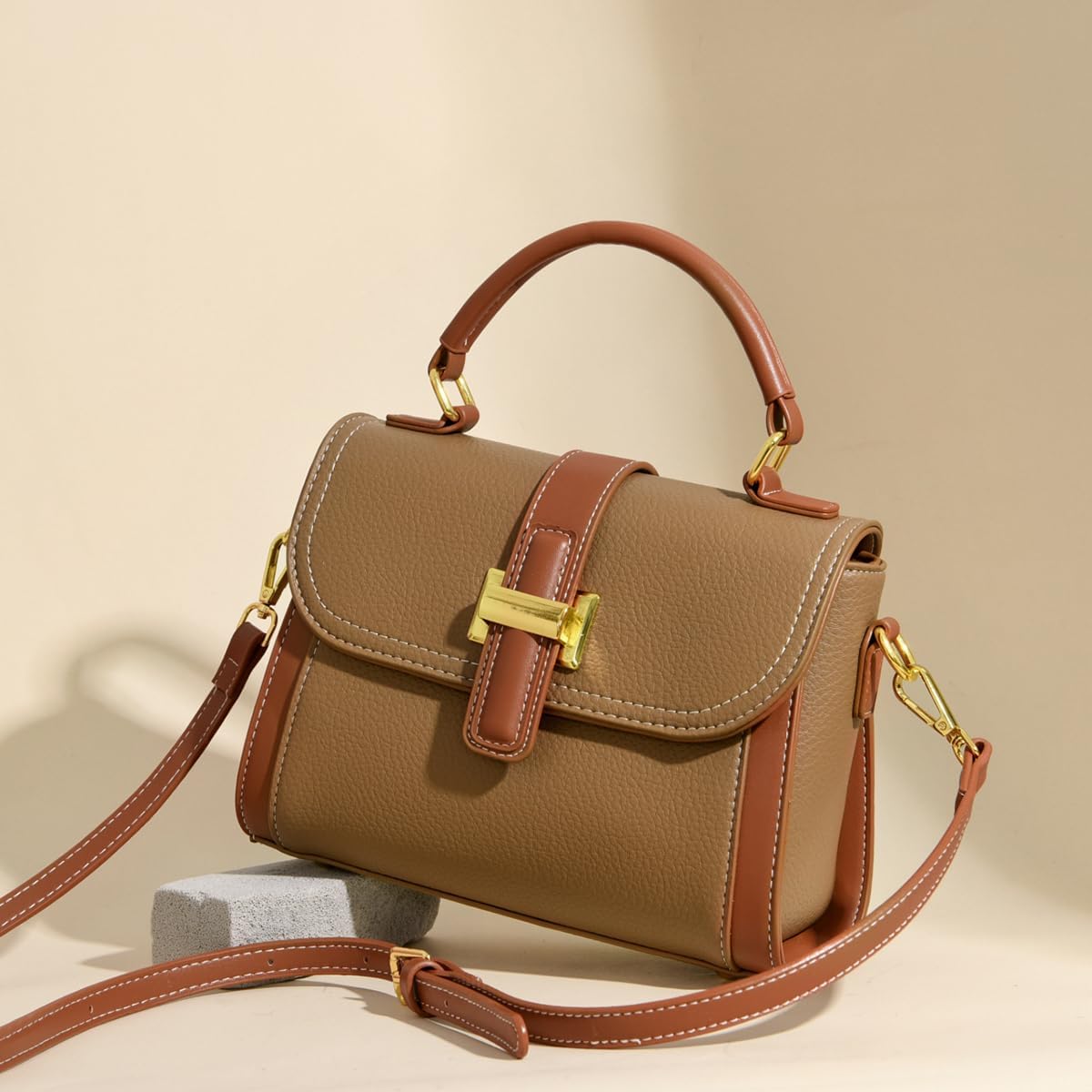 Women's PU Leather Crossbody Bag with Gold Buckle, Chic Small Shoulder Purse, Lightweight Multi-Pocket Handbag