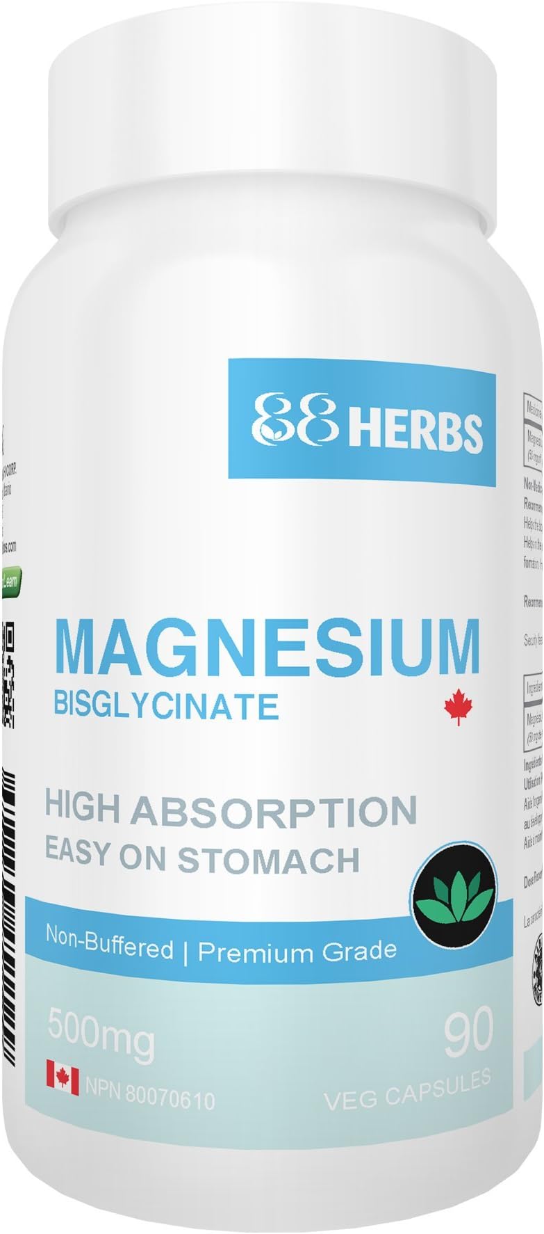 88herbs Magnesium Bisglycinate - Highest Absorption - Premium Grade - No Fillers - Non Buffered - 90 Veg Caps - 500mg Magnesium Bisglycinate per cap (50mg Elemental Magnesium)