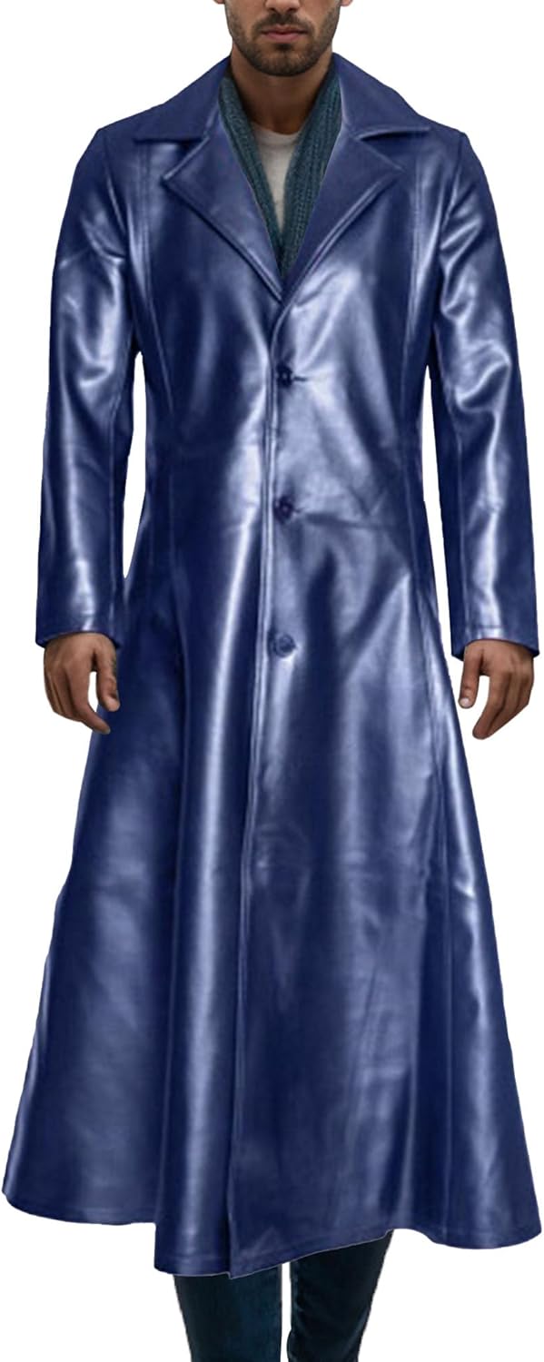 Maiyifu-GJ Mens Retro Faux Leather Trench Coat Full Length Steampunk Long Overcoat Vintage Open Front Cardigan Jacket