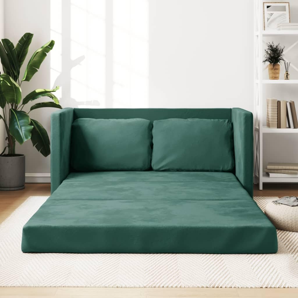 Divano Letto 2 Posti Convertibile in Letto da Terra 2 in 1 Velluto-Verde scuro-122x204x55 cm