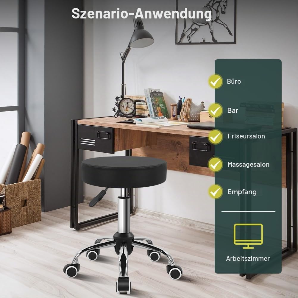 BFTOU Schwarzer Drehhocker aus PU-Leder mit Rollen, perfekt für Salon, Arbeit, Zuhause, Spa, Geschäft, höhenverstellbar und kostengünstig, Rollhocker, klein (schwarz)