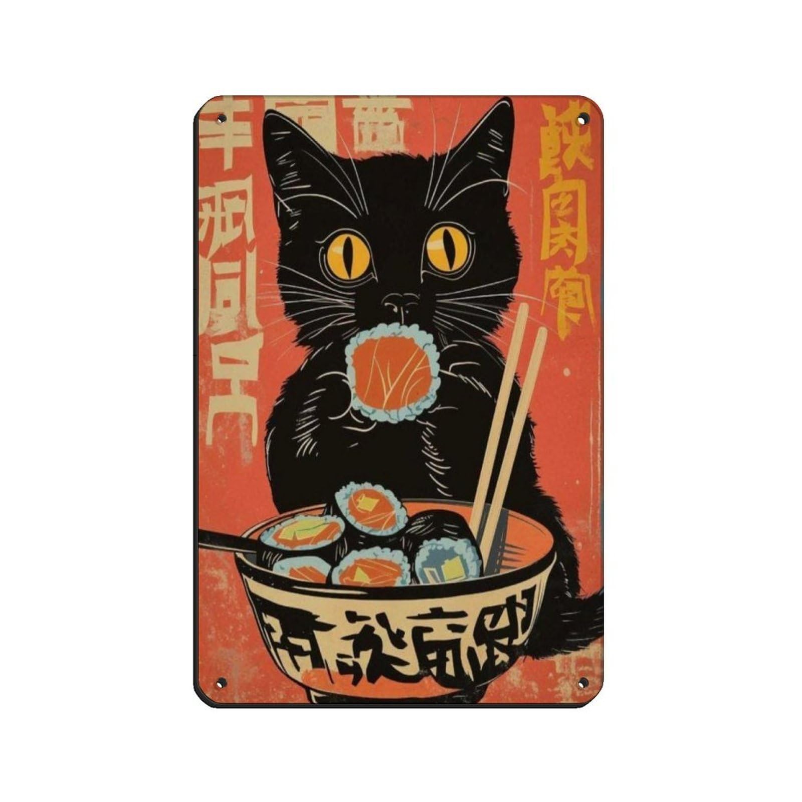Lxwnze 20L X 30W Cm Cute Cat Eating Sushi Poster,（1） Tin Sign Vintage Metal Pub Club Cafe Bar Home Wall Art Decoration Poster Retro 8X12inch(20X30cm)