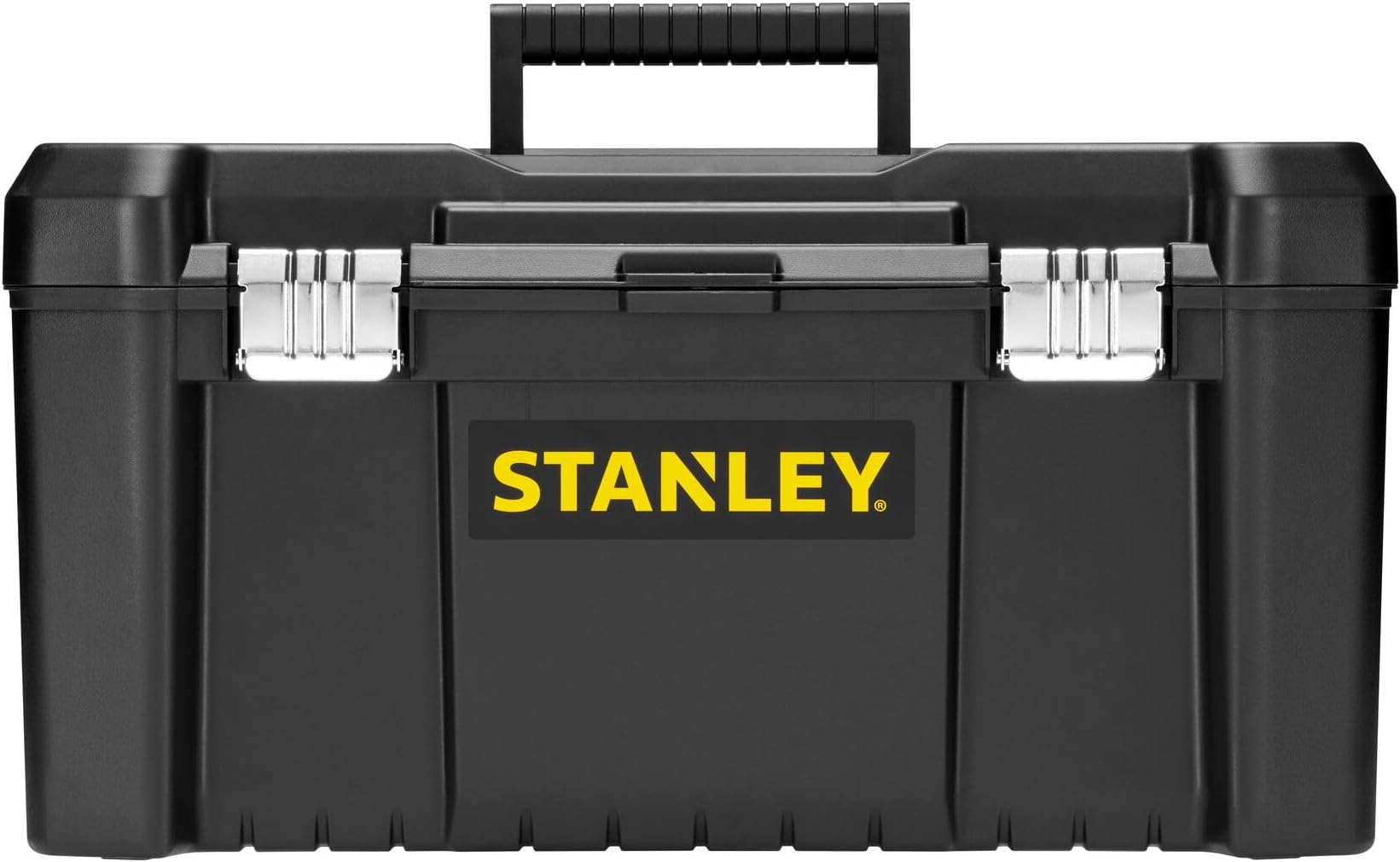 - STANLEY STST75521-8 19'' Organised Heavy-Duty Portable Plastic Essential Toolbox With Top Lid & Removable Internal Tote Tray, Geometric Lock Latches, Top Pad Lock Eye, 1 Year Warranty, 48.2x25.4x25 cm