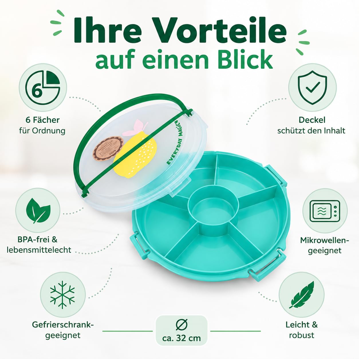 Rice Snackbox mit Fächern rund, Servierplatte mit Deckel, Türkis Zitrone | Snackbox mit 6 Fächern, Deckel und Zitronendesign - ideal für Obst, Dips, Picknick, Party und Brunch.