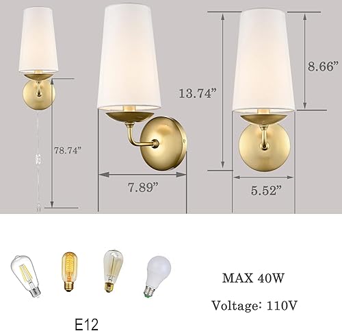 Miniatura 4 de Moderno juego de dos apliques de pared dorados de lino con enchufe o cable duro para dormitorio, sala de estar, comedor, entrada