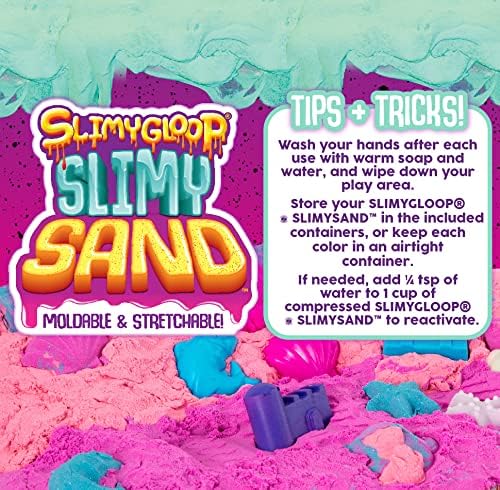 SlimySand Bucket, 5 Pounds of SlimySand in 3 (Purple, Pink and White Glitter), 3 Molds, Bucket is Reusable for Storage. Super Stretchy & Moldable!