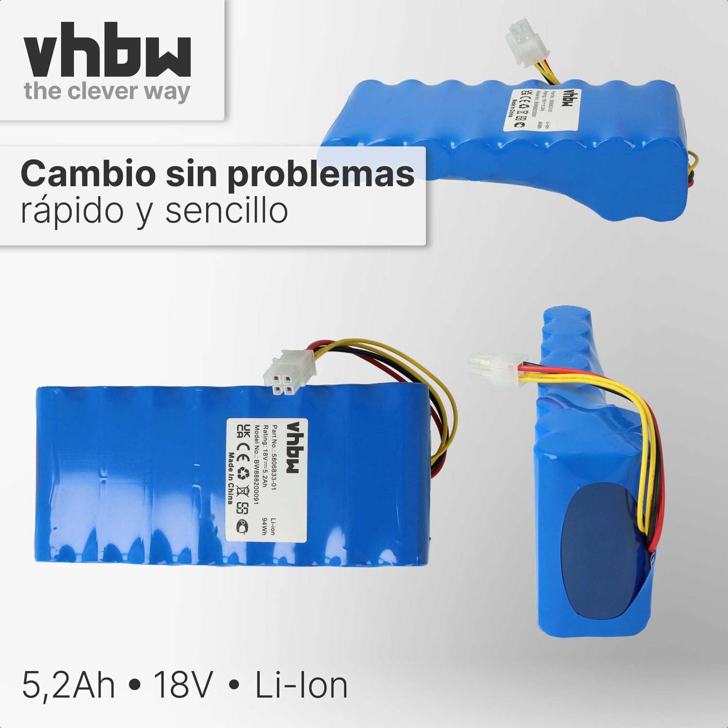 vhbw Batería (Pack) Compatible con Husqvarna Automower 550 (hasta 2019/2020), 520 (hasta 2019/2020) Robot cortacésped 5200mAh 18V Li-Ion