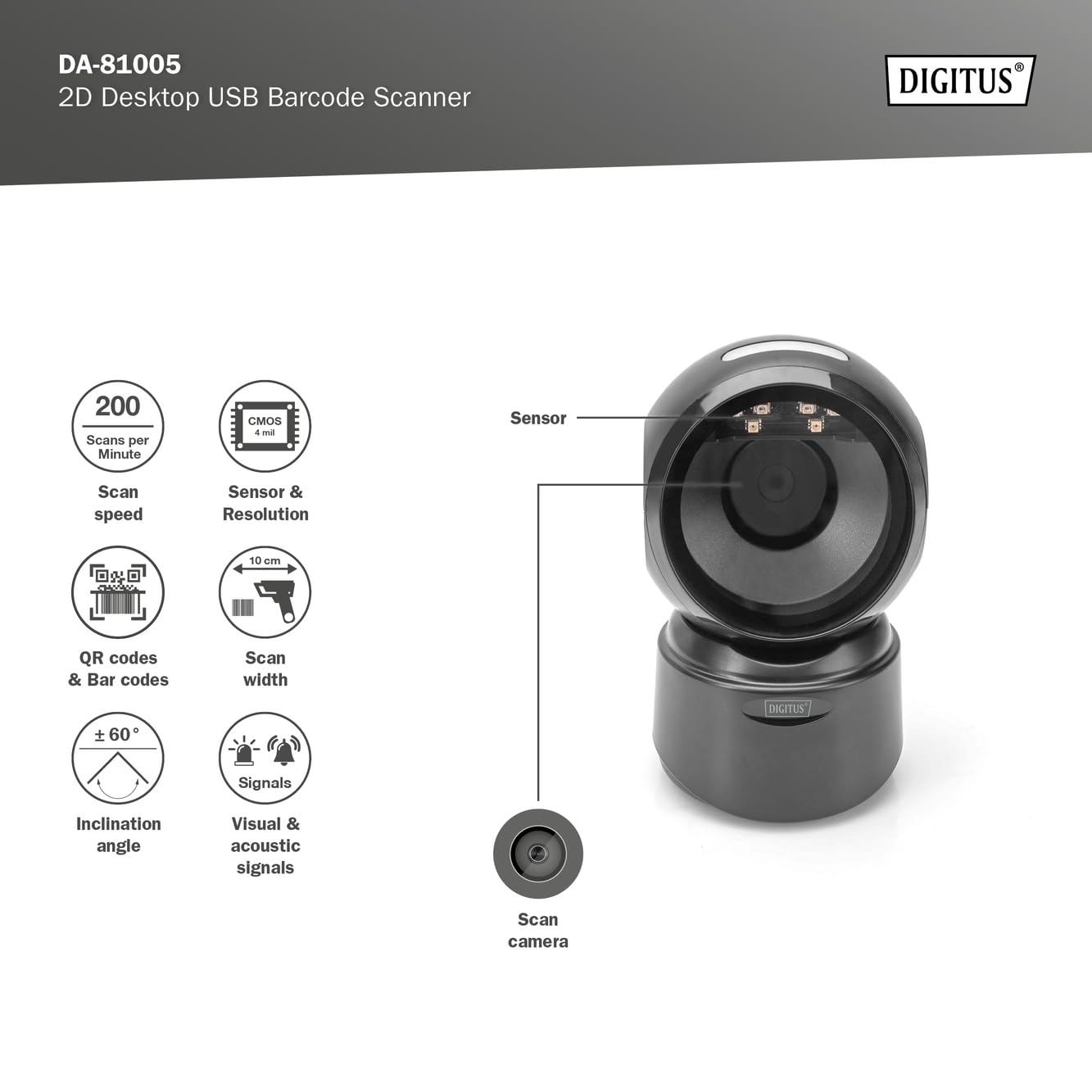 DIGITUS DA-81005 - Scanner de Codes-Barres 2D - Scanner de Bureau omnidirectionnel - 200 Scans/s - 10 cm de Lecture - câble USB de 1,4 m - Codes-Barres et QR Codes - Noir