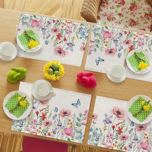 Seliem Spring Anemone Flower Placemats Set Of 4, Watercolor Pink Floral Butterfly Dining Table Place Mats Home Kitchen Decor, Summer Seasonal Washable Cotton Linen Rustic Farmhouse Decorations 12 X 18 #TOP6
