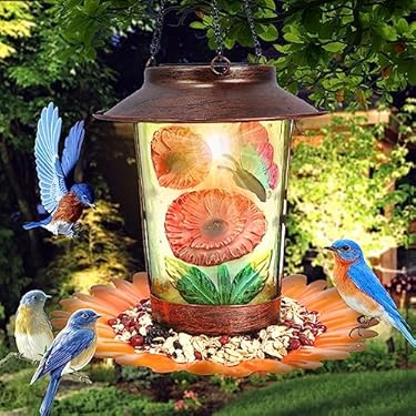 AMAZON - Solar Bird Feeder for Outdoors Hanging Solar Metal Wild Bird Feeders Waterproof, Squirrel Proof，Cardinals Chew-Proof Birds Feeders,Lantern Light Garden Backyard Decoration (Butterfly Birder Feeder)
