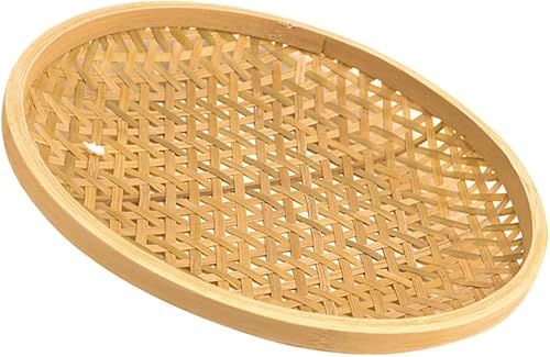 Kichvoe Cesta redonda de bambú – Bandeja de servir tejida a mano – Soporte de mimbre tejido para alimentos y verduras, cesta de pared plana para