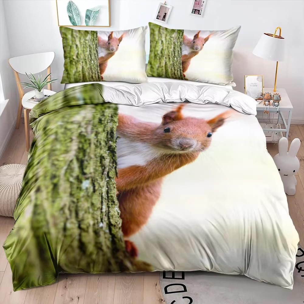 NDXRWDZR King Size Duvet Set Squirrel Duvet Cover with Zipper Closure Bedding Set for Aldults Kids Soft Hypoallergenic Microfiber Quilt Cover 230x220 cm + 2 Pillowcases 50x75 cm