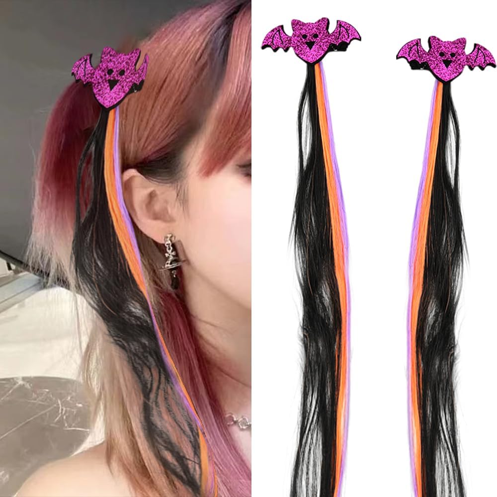 2 PCS Halloween Bat Hair Clips with Hair Extensions for Women Hair Barrettes Party Supplies Cosplay Hair Accessories Batwing Hair Clip