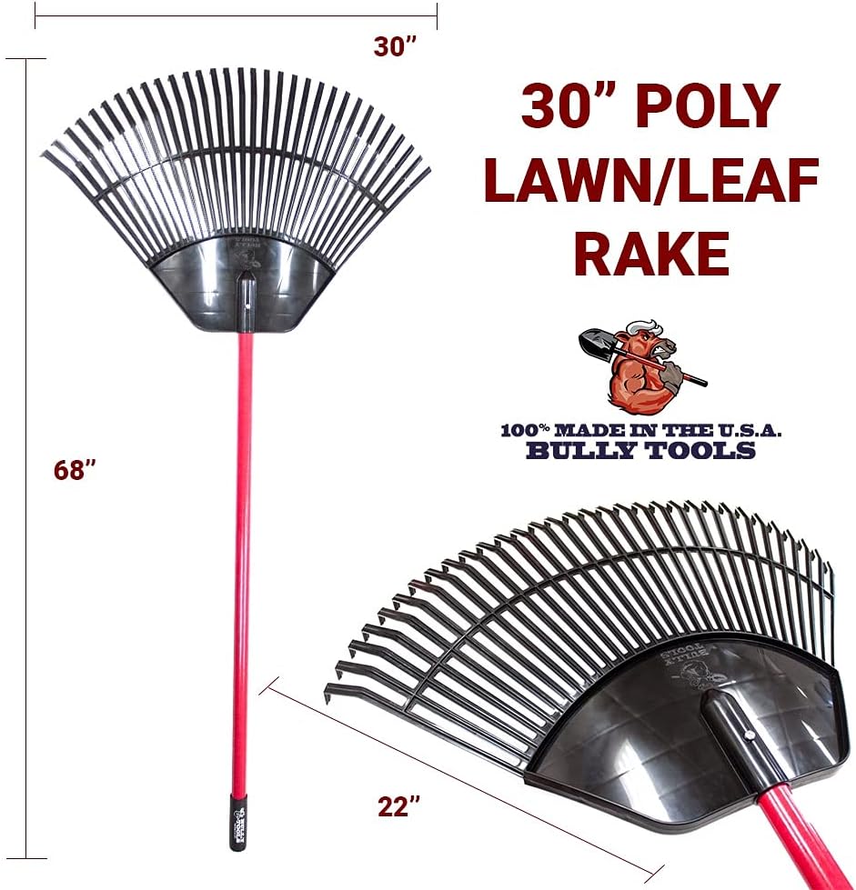 BULLY TOOLS Poly Lawn and Leaf Rake – Lightweight Polypropylene Tines with Fiberglass Handle & Rubber Grip, Curved Head and Angled Teeth for Easy Raking, Equipment for Lawn, Yard, Garden – 30-Inch