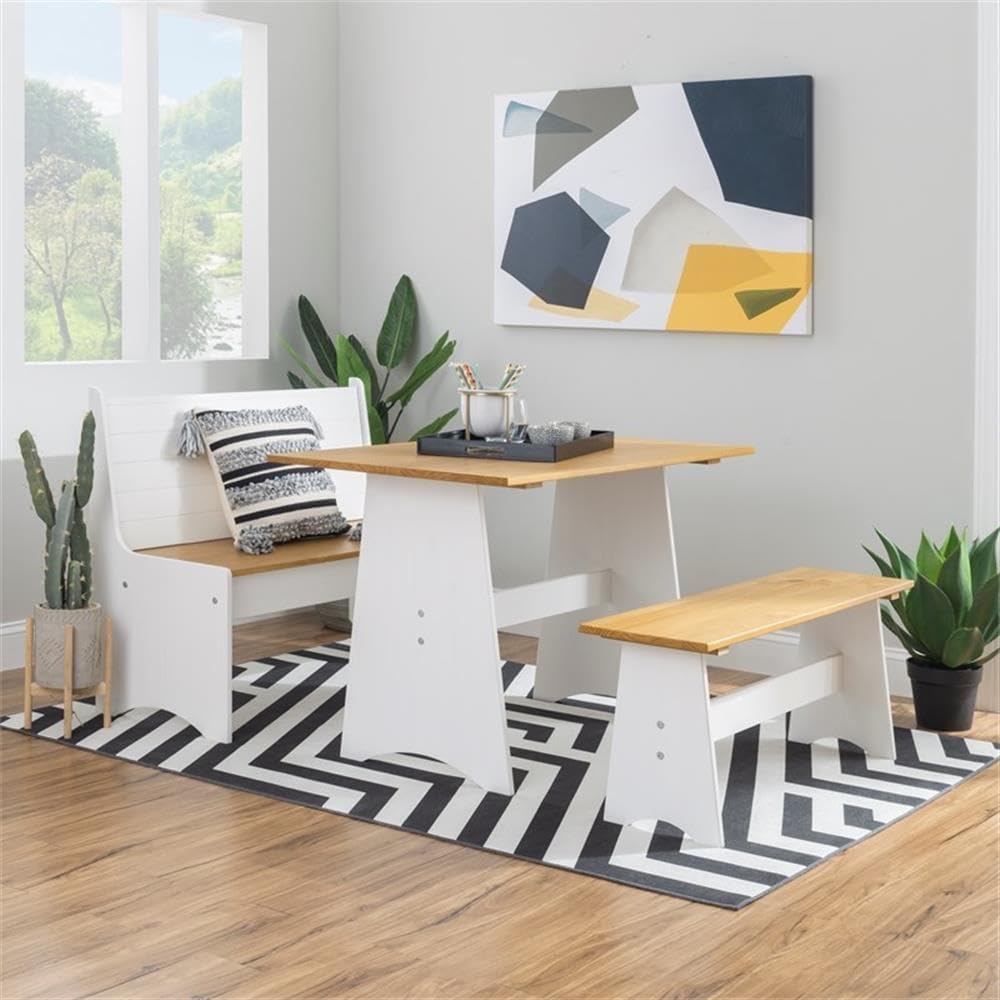 BOWERY HILL Large Backless Wood Bench, 42 in x 12 in x 17 in, White and Honey Natural Finish, Solid Pine Construction, Rustic Style Dining Room or Entryway Seating