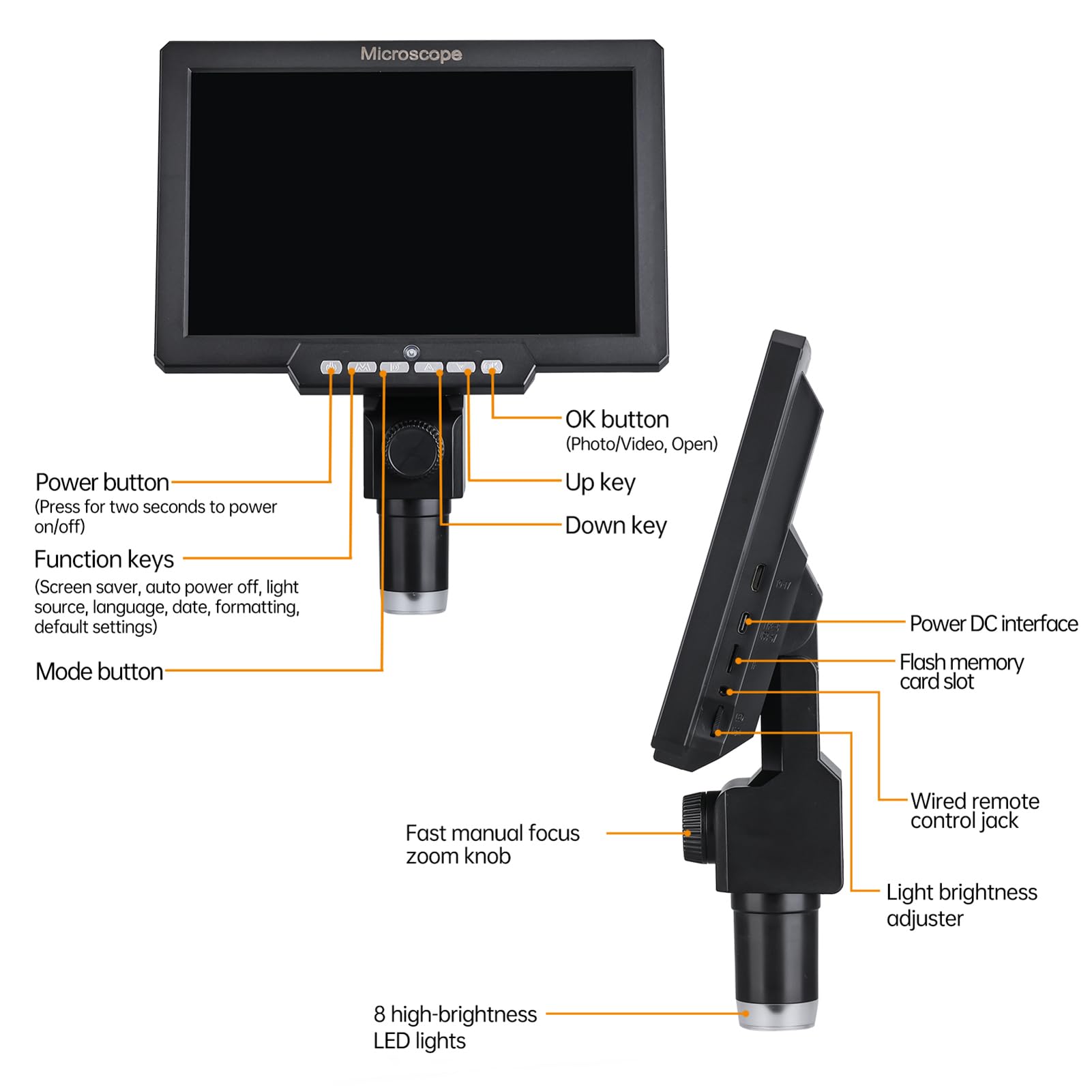Asixxsix Mikroskop Cyfrowy 2000X, Lupa Mikroskopowa z Ekranem 12 MP i przekątną 10,1 Cala z 2 Diodami LED, Ciągłe Powiększenie 1–2000X, Kamera do Mikroskopów (Z baterią UE wtyczka 220V)