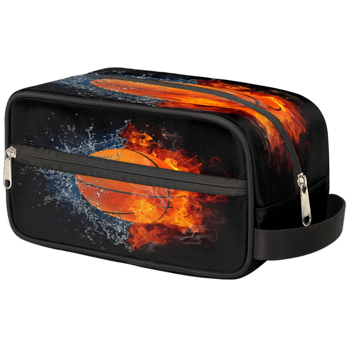 TropicalLife Bolsa de maquillaje de baloncesto para mujeres, hombres, niños, niñas, niños, niñas, niños, bolsa de lavado de baloncesto para agua y fuego, bolsa de aseo de viaje, artículos de aseo personal,