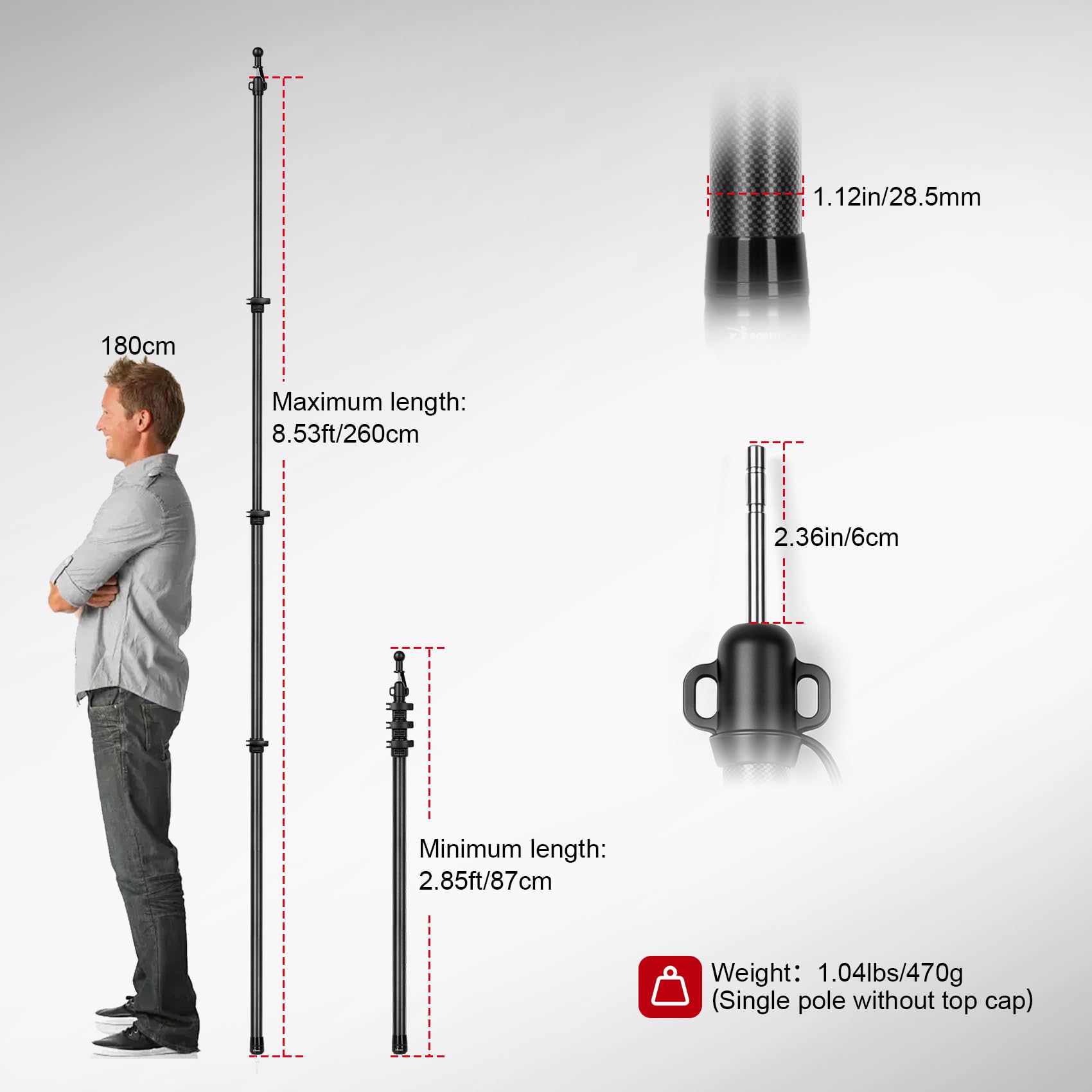 Varilla telescópica de fibra de carbono | 260 cm telescópica para tienda de campaña, ultraligera, de carbono, para tiendas de campaña, lonas y toldos