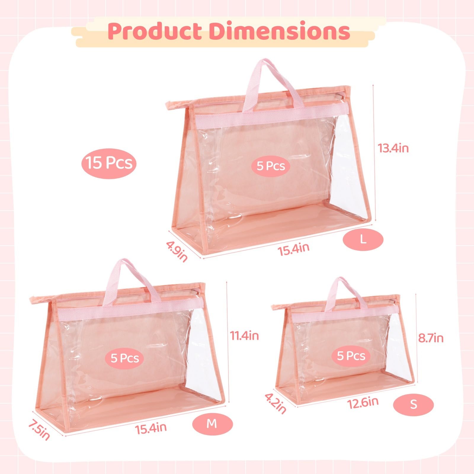 15 bolsas de polvo para bolsos, organizadores de almacenamiento transparentes en 3 tamaños, fundas de bolso con cremalleras y asas, protectores de bolsos colgantes para almacenamiento en el armario