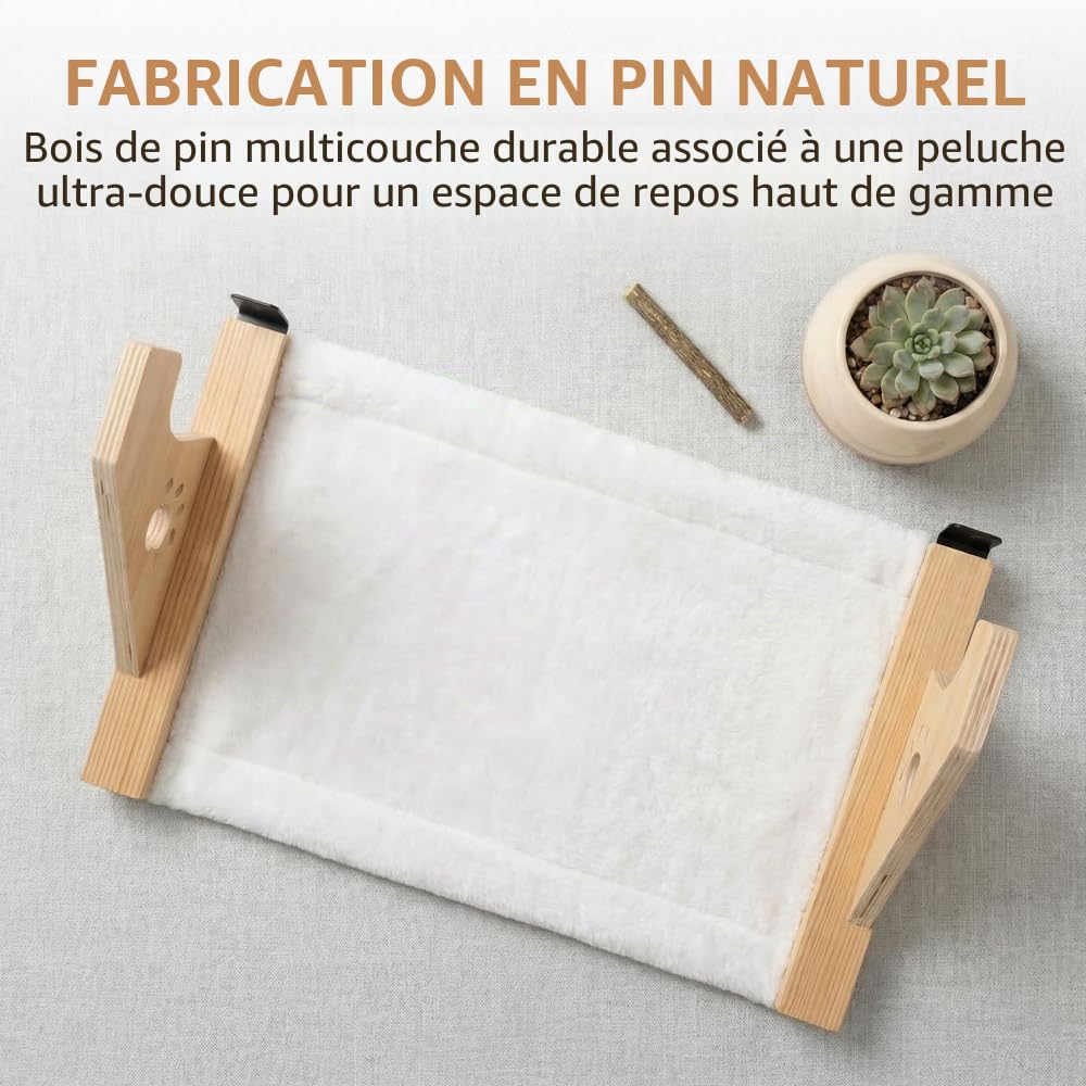 Hamac Chat Radiateur Mural, Transat pour Chat Intérieur Bois, Hamac Chats Suspendus 55x38x16.7 cm, Panier Chats à Suspendre sans Perçage, Charge Lourd de 20 KG, pour Fenêtre Bureau Balcon Porte