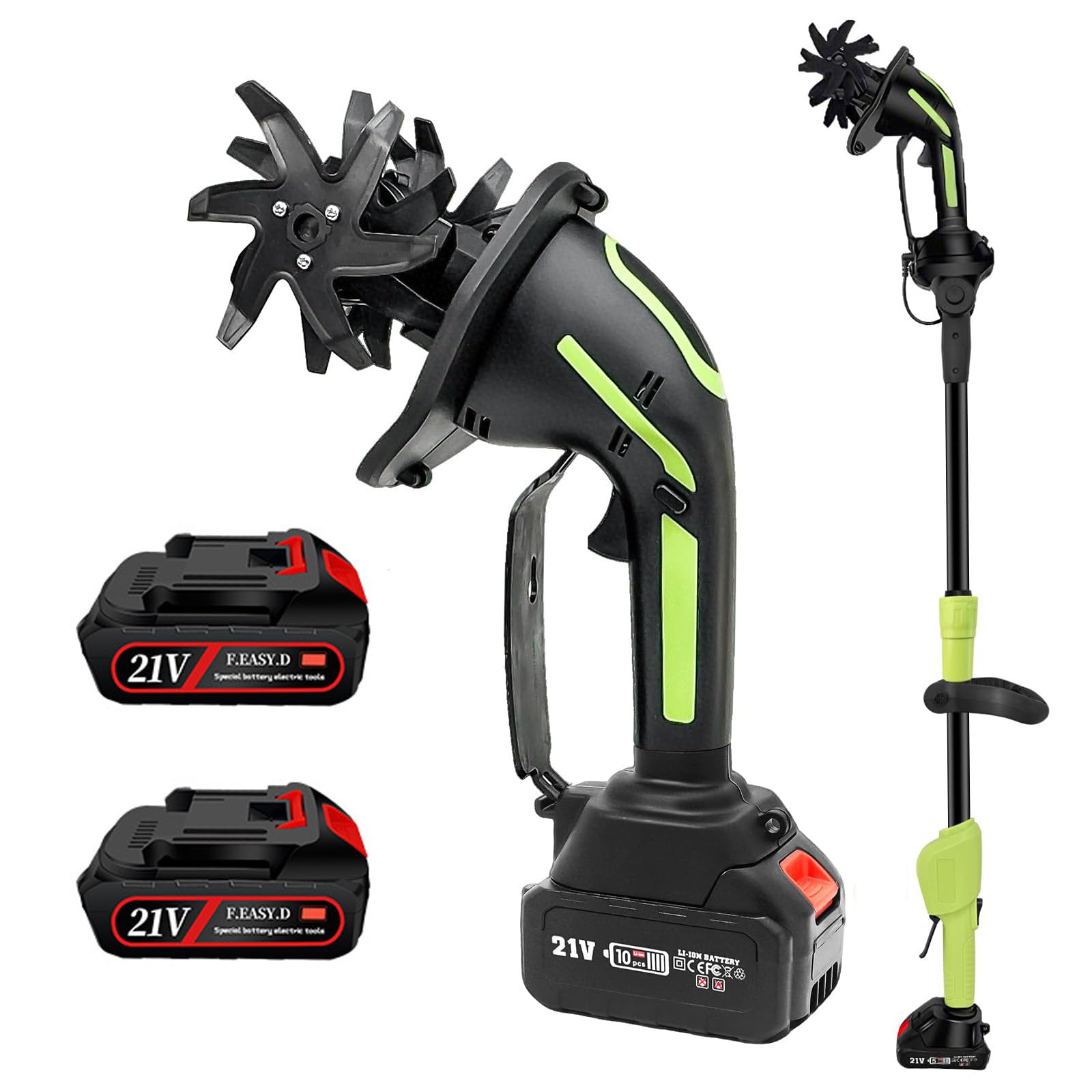 GSHSHOU 24V Cordless Tiller Cultivator Optional Extension Pole, 24V Lightweight Handheld Battery Tiller Cultivator for Garden, Flower Beds, Weeding, Trenching Batteryx2-Pole