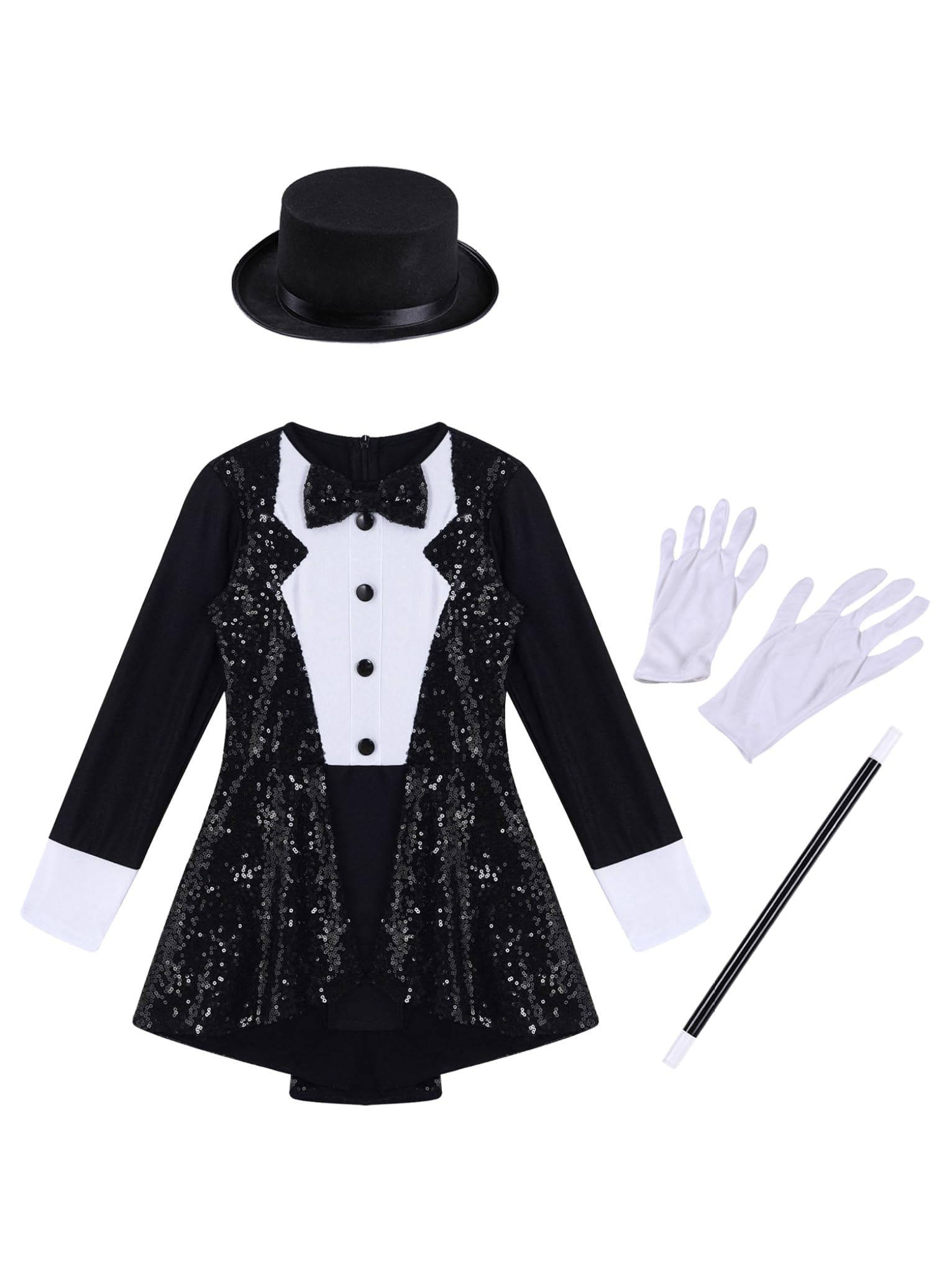 Mufeng Mädchen Zirkus Kostüm Ringmaster Zirkusdirektor Kleid Glitzer Tanzkleid mit Mütze Halloween Karneval Fasching Tanzkostüm